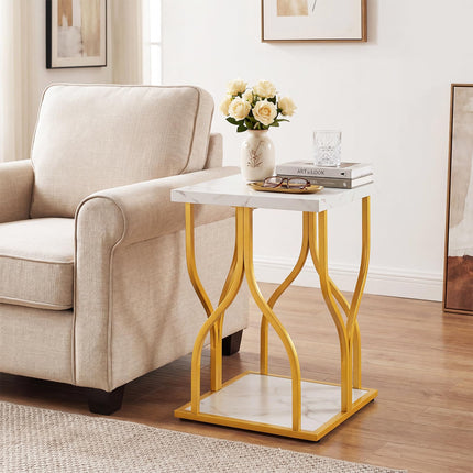 Dreamade 2-Tier End Table with Storage Shelf & Gold Petal-Inspired Geometric Metal Frame