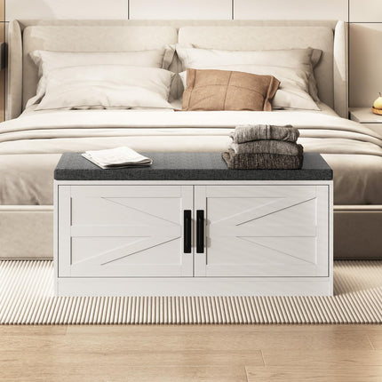 Dreamade Shoe Storage Bench with Cushion, 2-Tier Entryway Bench w/2 Barn Doors & 2 Adjustable Shelves