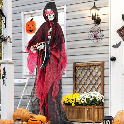 Dreamade 8 Ft Halloween Animatronics, Sound & Touch Activated Grim Reaper with Sickle, Glowing LED Eyes & Scary Voices