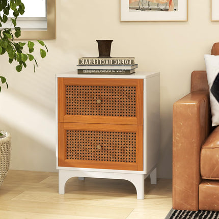 Dreamade Rattan Nightstand with Drawers, Natural Rattan End Table, Cane Accent Bedside Table with Solid Wood Legs for Bedroom