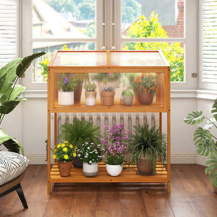Dreamade Wood Cold Frame Greenhouse with Transparent Openable Roof & Slatted Shelf