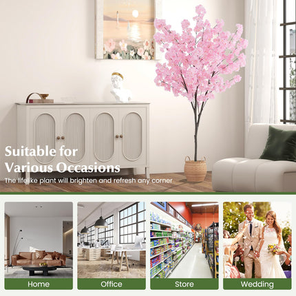 Dreamade 6.5FT Artificial Cherry Blossom Tree, Pink Fake Flower Tree, Faux Floral Plant Blooming Tree in Cement Pot