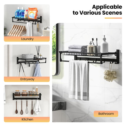 Dreamade Foldable Towel Rack for Bathroom, Wall Mounted Towel Holder Organizer w/ 1 Basket, 1 Towel Bar & 5 Sliding Hooks