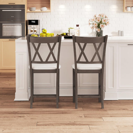 Dreamade Wood Bar Stools Set of 2/4, 24" Counter Height Bar Stools w/Cross Back & Linen Fabric Upholstered Seat
