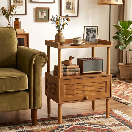 Dreamade Boho Bamboo Rattan Nightstand w/Flip-Up Door & Rasied Edge