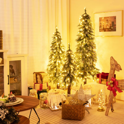 Dreamade 3' 4' 5' Pre-Lit Artificial Christmas Tree Set, Slim Pencil Xmas Trees with Snowy Leaves
