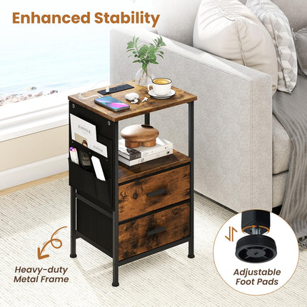 Dreamade Night Stand with Charging Station | LED Sofa End Table w/2 Folding Fabric Drawers