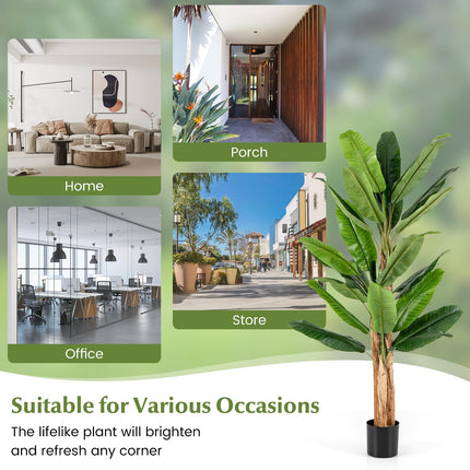 Dreamade 6.5 FT Tall Artificial Banana Tree, Fake Banana Tree w/ 27 Large Leaves, Triple Stalks, Natural Bark