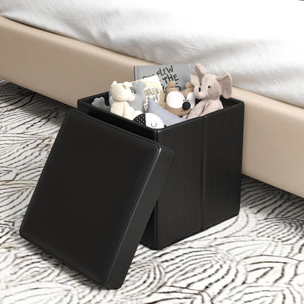 Dreamade Cube Storage Ottoman - 15 Inches Folding Ottoman Storage Chest, PVC Leather, Upholstered Footrest