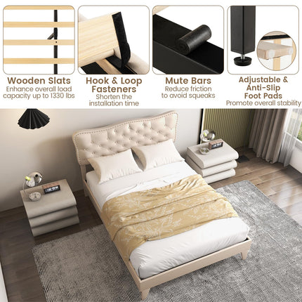 Dreamade Full Size Bed Frame Beige, Linen Fabric Upholstered Platform Bed Frame with Nail Headboard