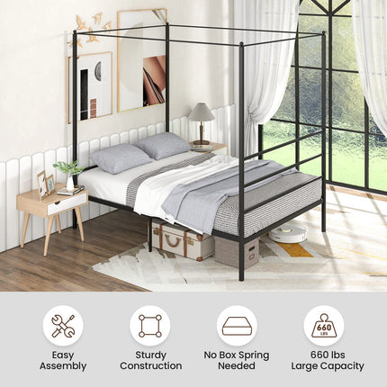 Dreamade Full Size Metal Canopy Bed Frame, Modern Platform Bed Frame with 4 Poster & Headboard
