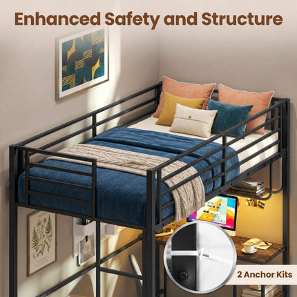 Dreamade Twin Loft Bed with Desk LED Lights & Charging Station