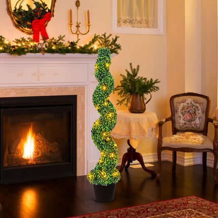 Dreamade 4FT Pre-Lit Artificial Spiral Boxwood Topiary Tree w/ 100 LED Lights, Nursery Pot, Indoor Outdoor Home Front Porch Holiday Decoration