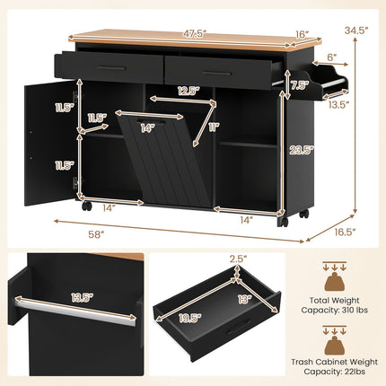 Dreamade Kitchen Island w/Trash Bag Storage