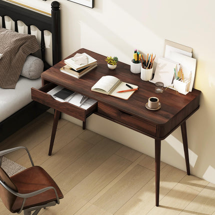 Dreamade Mid-Century Desk with 2 Drawers, 43.5" Writing Study Desk with Solid Rubber Wood Legs