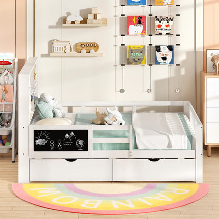 Dreamade Full/Twin Size 2 Storage Drawers, Solid Wood Kids Bed Frame w/Bookcase Headboard & Blackboard