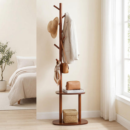Dreamade 70" Solid Wood Clothing Rack with 8 Hooks and 2 Storage Shelves