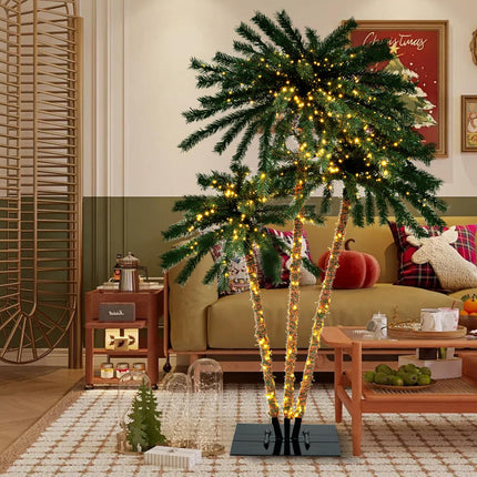 Dreamade Pre-Lit Artificial Christmas Tree, 4/5/6 FT Triple Coconut Plam Trees with Metal Base