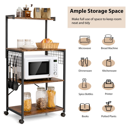 Dreamade Kitchen Baker Rack on Wheels, Industrial Utility Storage Shelf, with 3 Hooks (Rustic Brown)
