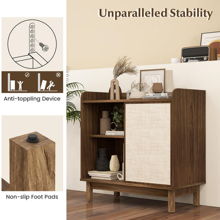 Dreamade Sideboard Cabinet, Farmhouse Buffet Storage Cabinet with Sliding Rattan Door, 2 Adjustable Shelves