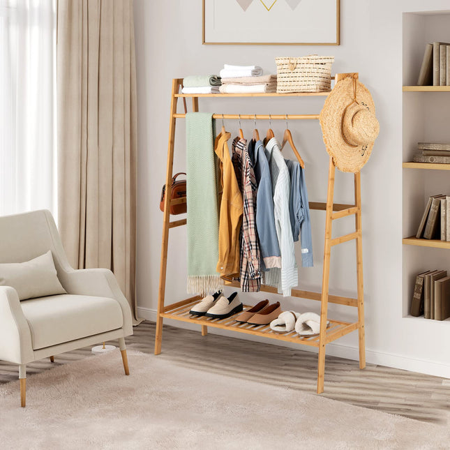 Dreamade 3 Tier Bamboo Clothing Rack with Shelves, Heavy Duty Freestanding Clothes Organizer Rack with Coat Hooks
