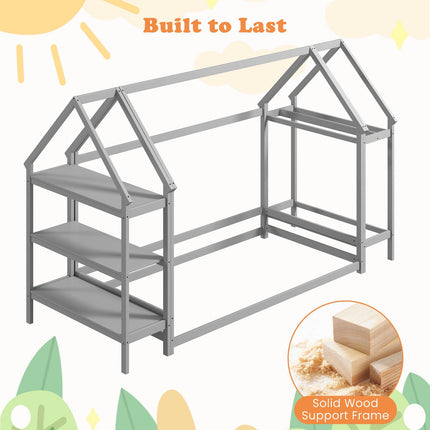 Dreamade Twin Floor Bed, Wood Montessori Floor Bed with Detachable 3 Tier Storage Bookshelf & Clothes Rack