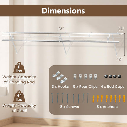 Dreamade 6 ft Wall Mounted Closet Shelf with Hanging Rod