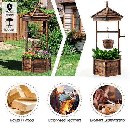 Dreamade Rustic Wooden Wishing Well Planter with Hanging Bucket, Roof Shadow