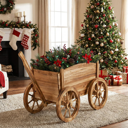 Dreamade Wood Wagon Planter Rustic Rolling Flower Pot Stand