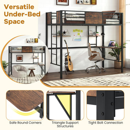 Dreamade Twin Loft Bed with Desk - Heavy-Duty Metal Bed Frame w/Safety Guardrail