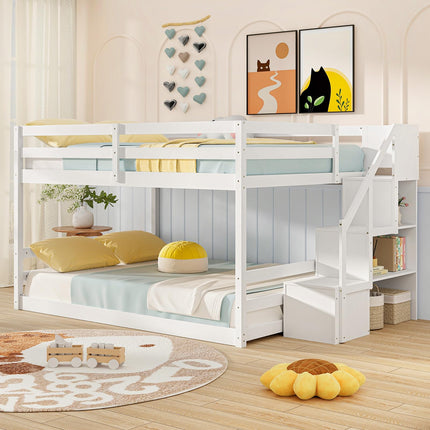 Dreamade Bunk Bed with Stairs, Solid Wood Floor Bunk Bed with Storage Staircase & Full-Length Guardrails