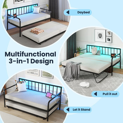 Dreamade Twin Daybed with Trundle, Metal Day Bed with Charging Station & LED Lights