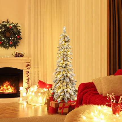 Dreamade Pre-Lit Flocked Pencil Christmas Tree Artificial Slim Xmas Tree