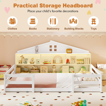 Dreamade Montessori Floor Bed with LED Lights 2-in-1 Wooden House Bed Frame with Safety Guardrails
