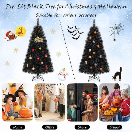Dreamade 6/7/8 ft Pre-Lit Black Halloween Christmas Tree, Artificial Hinged Xmas Full Tree with 362/572/860 Pine Needles & PVC Branch Tips