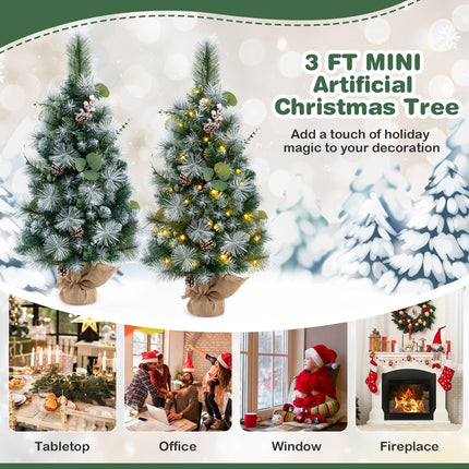 Dreamade 3ft Pre-Lit Mini Tabletop Christmas Tree with 30 Warm White LED Lights, Timer, 98 Flocked PVC & Pine Needles