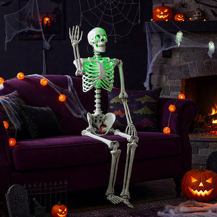 Dreamade 63" Life-Size Posable Skeleton with Green LED Lights Halloween Lighted Skeleton Decoration
