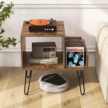 Dreamade Record Player Stand with Charging Station, Turntable Stand with Vinyl Divider & Display Shelf