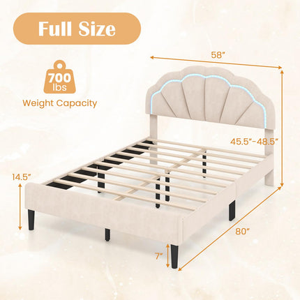Dreamade Full Size LED Bed Frame, Velvet Upholstered Full Platform Bed with Adjustable Cloud Headboard