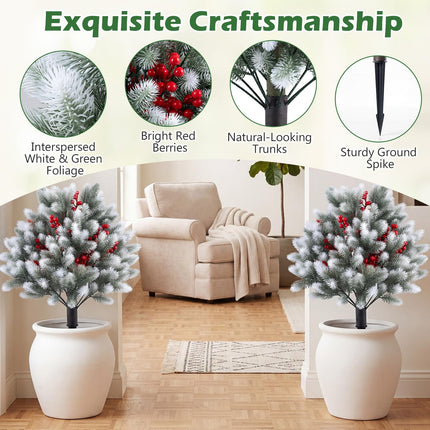 Dreamade 27.5" Faux Pine Needle Bushes with Ground Spikes | Artificial Cedar Topiary Ball Trees Set of 2
