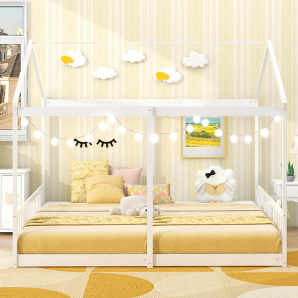 Dreamade Double Twin Floor Beds for 2 Kids, Wood Twin Size House Beds with Safety Guardrails, White