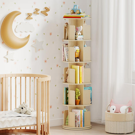 Dreamade 5-Tier Rotating Bookshelf 360° Display Rack w/Dividers & Anti-Falling Baffles