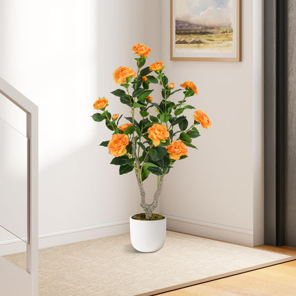 Dreamade 36’’ Artificial Camellia Tree Faux Floral Plant Blooming Tree in Nursery Pot