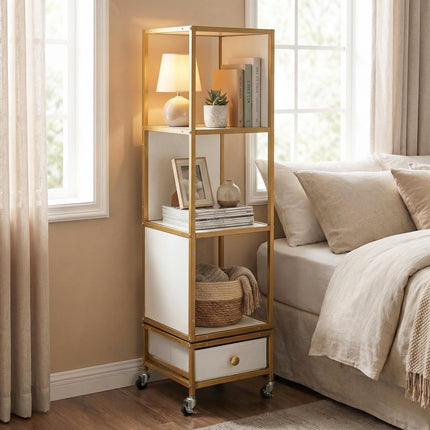 Dreamade 4-Tier Rotating Bookshelf | 360° Spinning Corner Book Shelf Tower W/Removable Fabric Storage Drawer