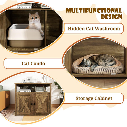 Dreamade Cat Litter Box Enclosure - Litter Box Hidden Furniture with Barn Door, Inner Divider, Side Entry, Storage Shelf