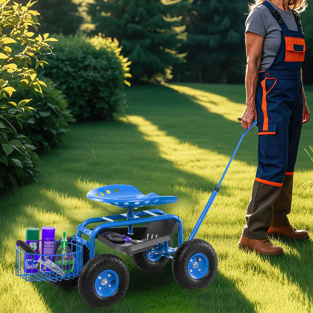 Dreamade Garden Cart, 4-Wheel Gardening Workseat with Storage Basket