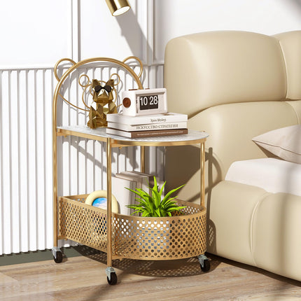 Dreamade Mobile Glass Coffee Table, 2-Tier Modern Cocktail Table with Bear Pattern, Storage Basket & Metal Frame