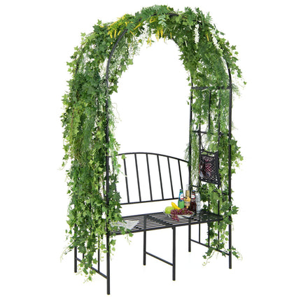 Dreamade 81in Metal Garden Arch with Bench, Outdoor Garden Arbor Archway Trellis for Climbing Plants Vines