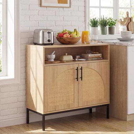 Dreamade 32" Sideboard Buffet Cabinet with 2 Natural Rattan Decorated Doors (1/2)