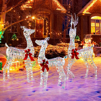 Dreamade 3-Piece Large Lighted Christmas Reindeer Family, Light up Xmas Decorations w/LED Lights & Bows
